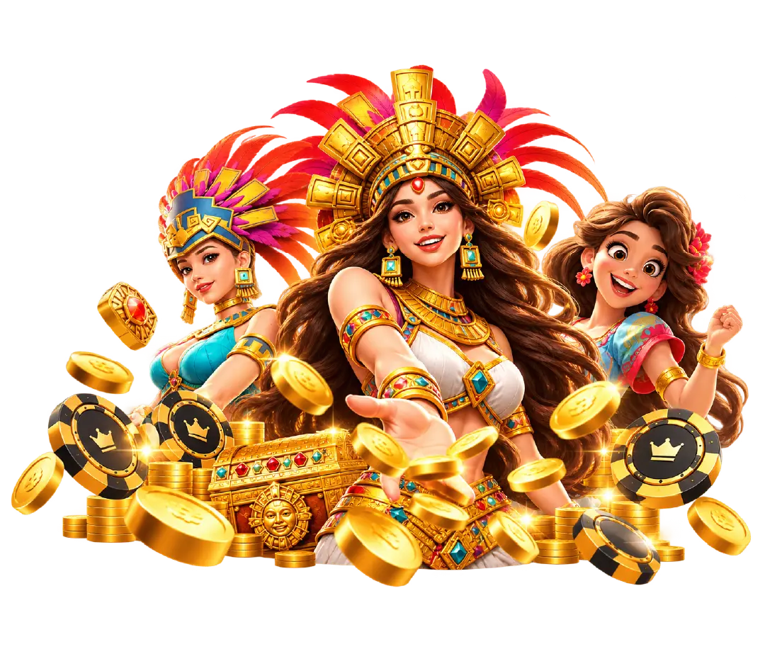 Lucky365 Aztec gold-themed slot characters surrounded by falling gold coins