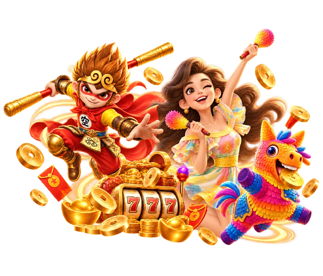 Lucky365 Monkey King and Chinese New Year piñata slot game characters with a 777 jackpot reel