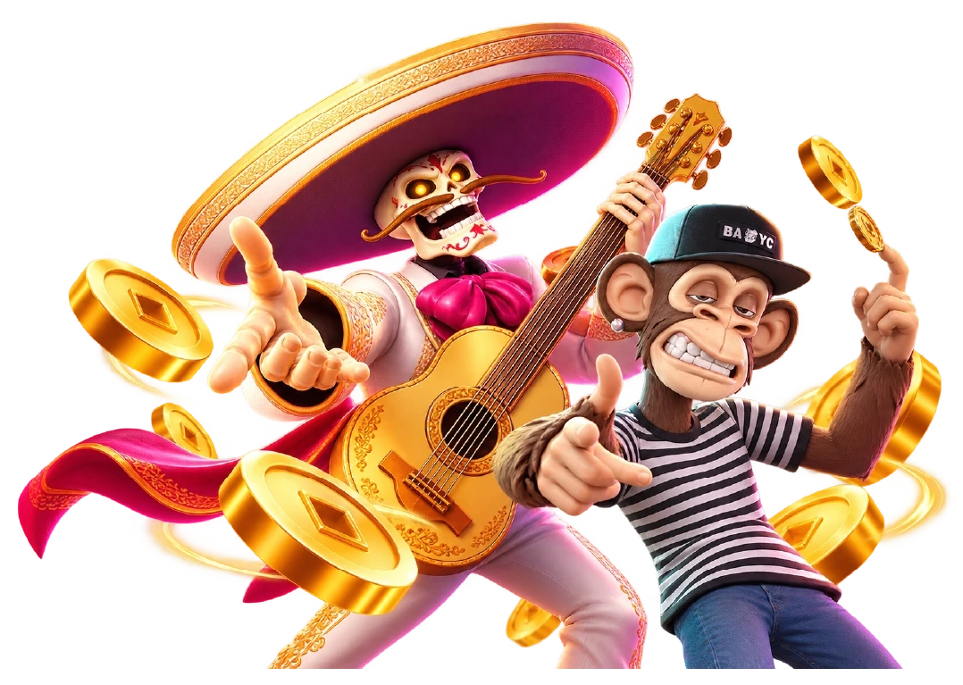 Lucky365 Day of the Dead mariachi skeleton and street-style ape slot game characters with gold coins